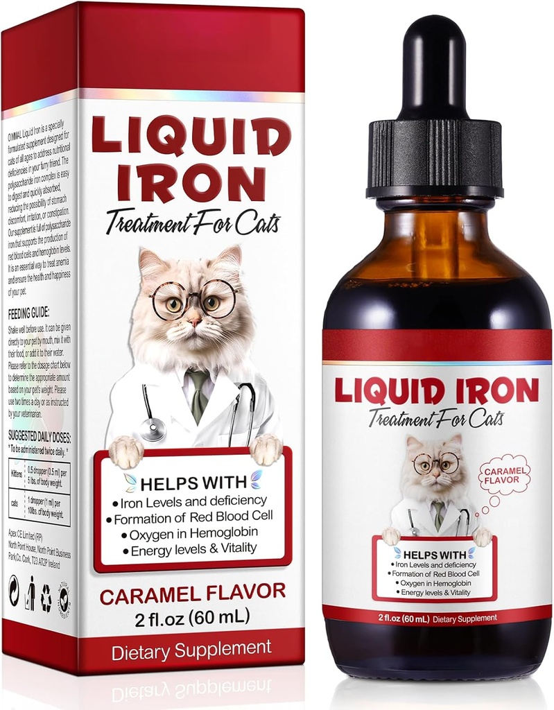 Hierro líquido para gatos, gotas de hierro líquido para gatos apoya la anemia, niveles bajos de energía y gatos letárgicos- Mejorar los niveles de energía y vitalidad, suministros de mascotas Suplemento de vitamina gato, sabor caramelo - 2 fl.oz