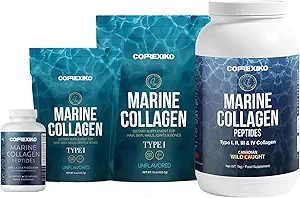 CORREXIKO Marine Collagen Supplement Pills & Powder Bundle - Incluye 10,000mg Double Hydrolyzed Collagen Powder 1kg, 15 oz & 5oz y 1800mg Collagen Peptides 120 Capsules - para el cabello, piel y uñas