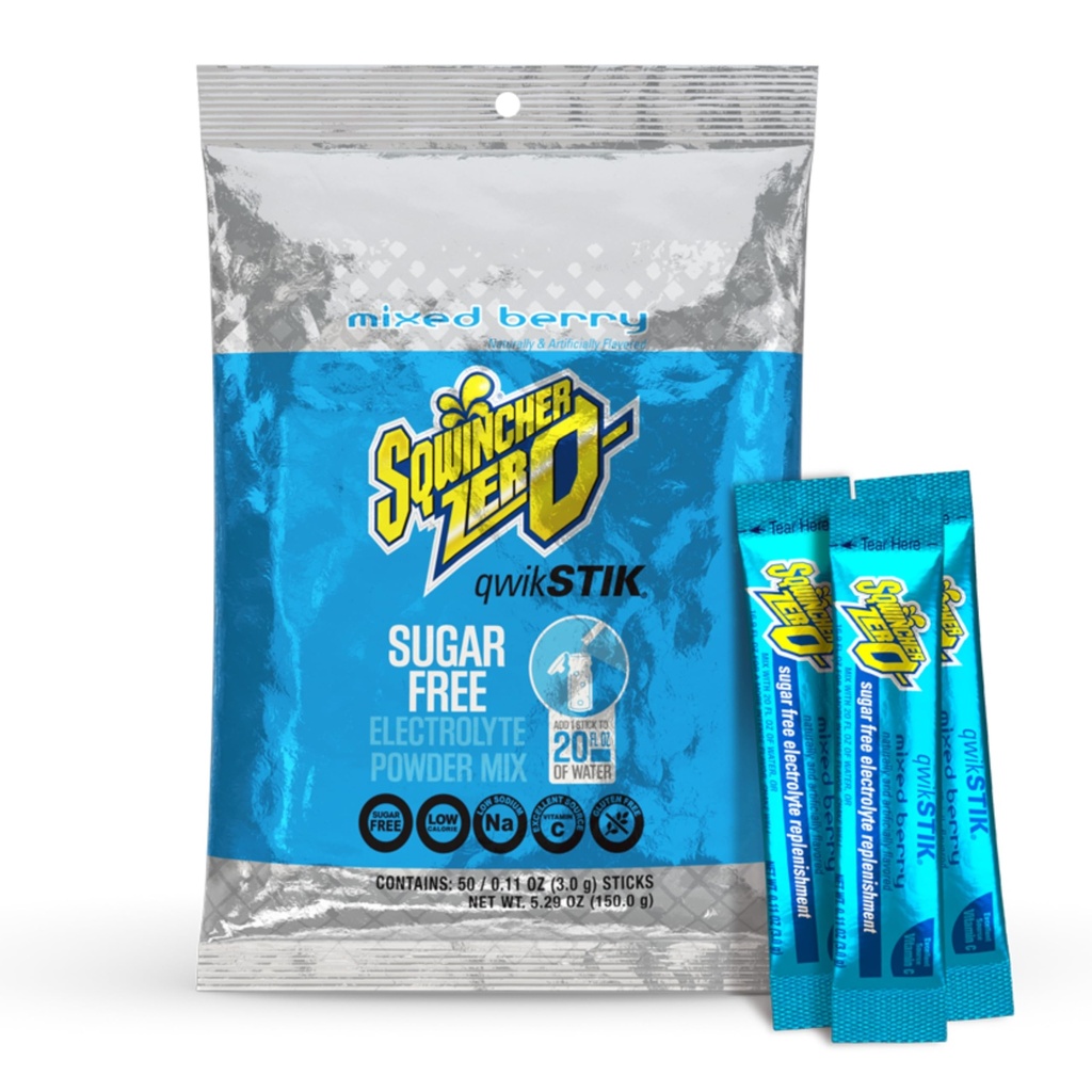 Sqwincher Zero Qwik Stik, Mixed Berry, Sugar Free, Low Calorie, Low Sodium Electrolyte Powder Hydration Drink Mix, .11 0z Packet (Pack of 50)