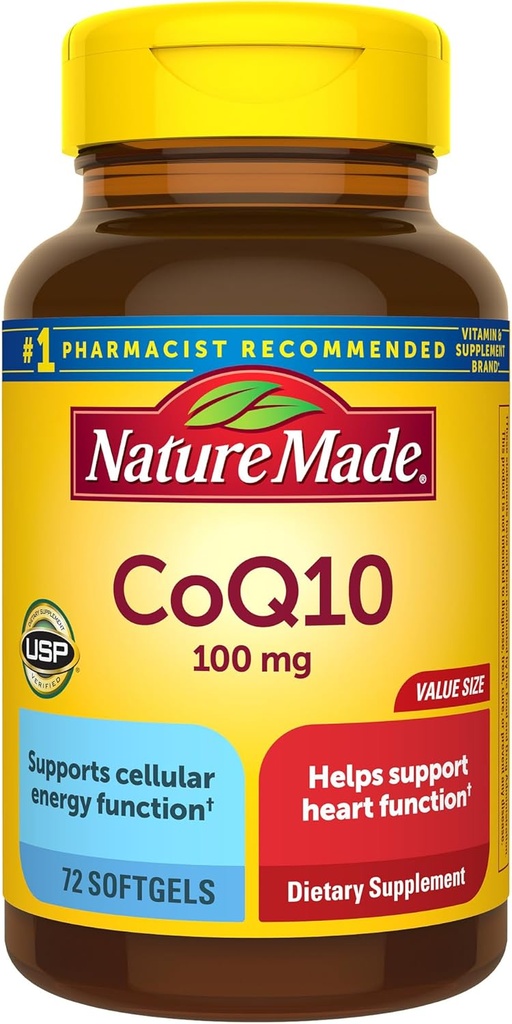 Nature Made CoQ10 100mg, Suplemento dietético para el apoyo a la salud cardíaca, 72 Softgels, 72 Day Supply
