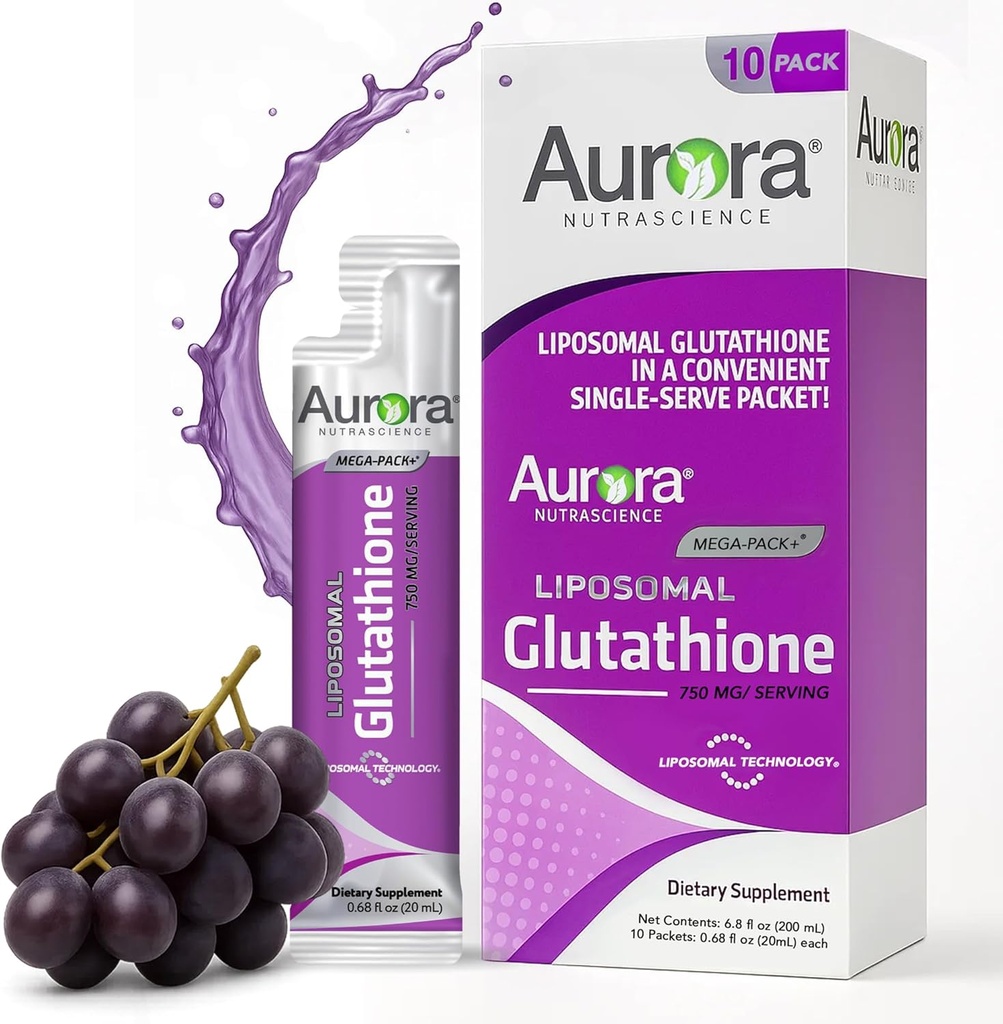 Aurora Nutrascience Mega-Liposomal Glutathione líquido, Immune & Antioxidant Gut Health Support Suplemento, 750 mg por Serving, Non-GMO, Sugar-Free, 10 Single Serve Packets