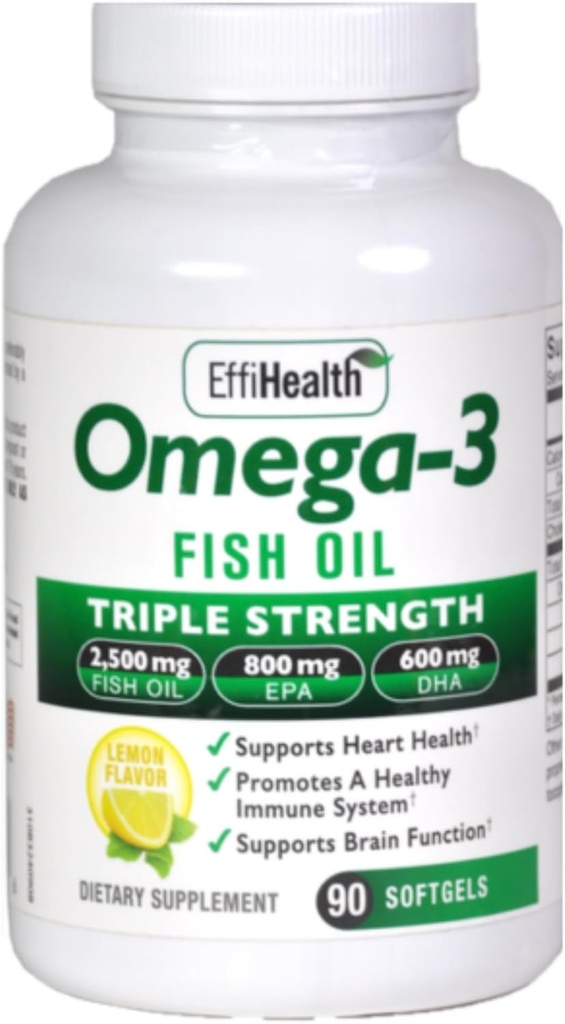 EffiHealth Omega-3 Fish Oil - Triple Strength 2500mg Fish Oil, 1200mg EPA, 600mg DHA - Apoya Hearth Health, Brain health and Immune Support – Lemon Flavor, Burpless Fish Oil