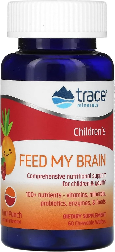 Trace Minerals Niños Alimentar Mi Cerebro - Suplemento de Apoyo Cerebro para Niños - Multivitamina para Focus Support with Enzymes, Vitaminas & Minerales - Fruit Punch Flavor, 60 Chewable Wafers (30 Servimientos)