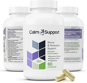 CalmSupport: Estrés " Apoyo a la relajación - Ashwagandha, Flores de Pasión, Cuerda Valeriana, Ginger, GABA, Velvet Bean, Motherwort, Oat Seed, Phyllanthus, L-Theanine, L-Tryptophan, Folate, C,B1,B6,B12,Zinc