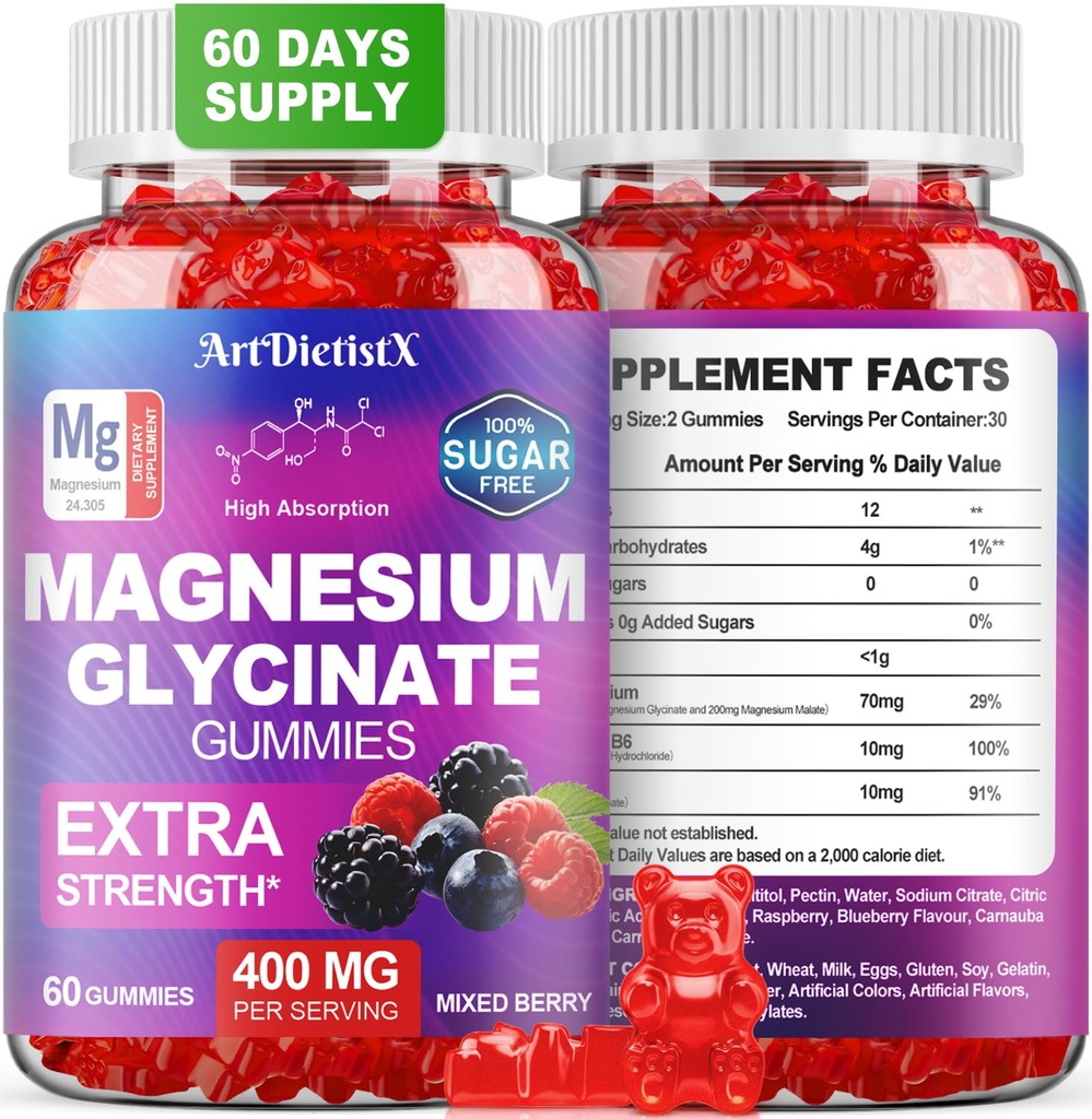 Magnesium Glycinate Gummies 400mg, Sugar Free Mаgnеsium Gummiеs for Adults with Magnesium Malate, Zinc, and Vitamin B6 for Sleep, Body Support and Relaxation, Non GMO, 60 Count-Multi-Flavor