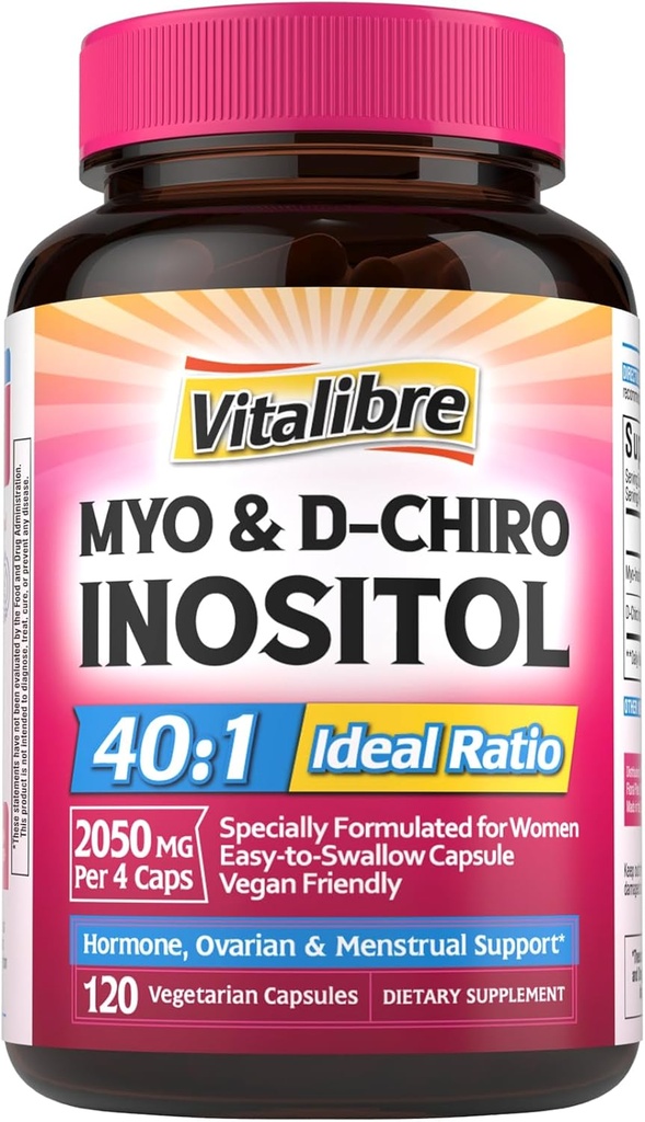 Suplemento de Inositol, Myo-Inositol " D-Chiro Inositol Fertilidad Suplementos para Mujeres, 40:1 Relación ideal, Equilibrio hormonal y Apoyo Ovárico, 120 cápsulas Veganas