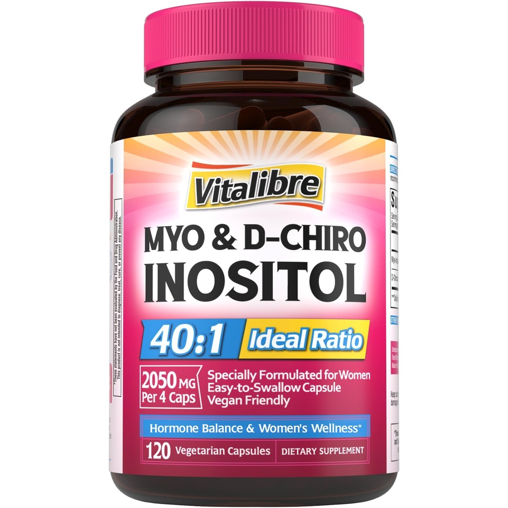 Vitalibre Inositol Supplement, Myo-Inositol & D-Chiro Inositol Supplements for Women, 40:1 Ideal Ratio, Hormone Balance and Women’s Wellness, 120 Vegan Capsules