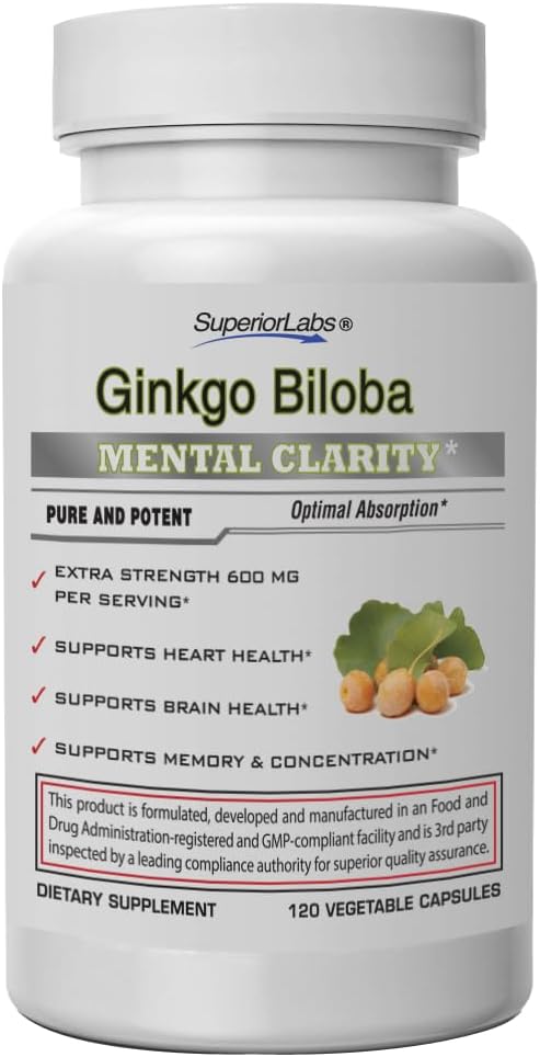 SuperiorLabs Ginkgo Biloba 1200 mg, Non-GMO, Black Pepper for increased Absorption, Ginkgo Extract, Mejora la memoria " Focus, Circulation Booster, Natural Antioxidant Nootropic, 120 Veg Caps