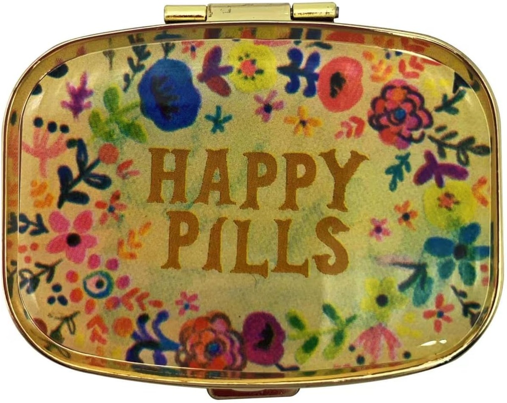 Happy Pill Organizer Cute Metal Pill Case Travel Friendly Portable Compact Pill Container to Hold Tylenol/Vitamins/Fish Oil/Supplements/Meds/Tablet for Purse/Pocket