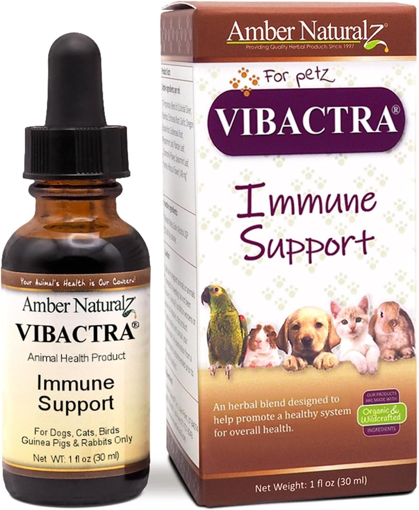 Amber NaturalZ Vibactra Immune Apoyo Herbal Suplemento para Perros, Gatos, Aves, Películas de Guinea y Conejos ← Pet Herbal Blend for General Health ← 1 Fluid Ounce Glass Bottle ← Manufactured in The USA
