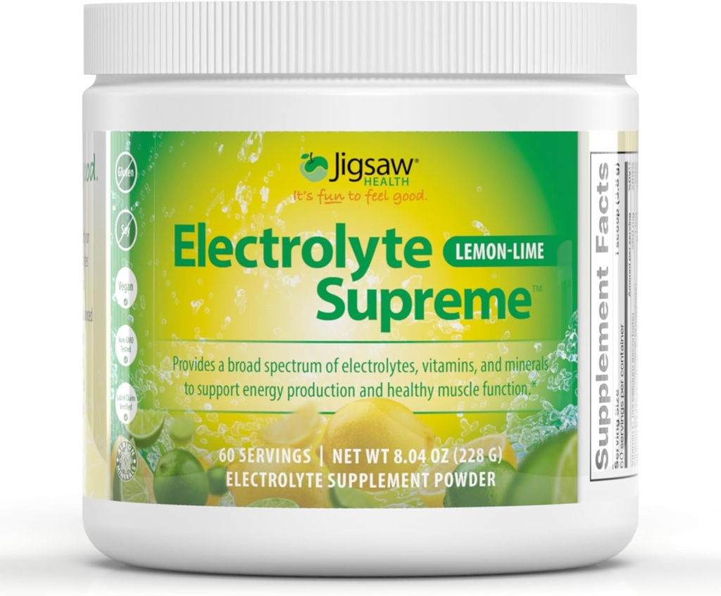 Jigsaw Health Electrolyte Supreme | Broad Spectrum of Electrolytes + Trace Minerals | Lemon-Lime Flavor | 60 Servings (Jar)