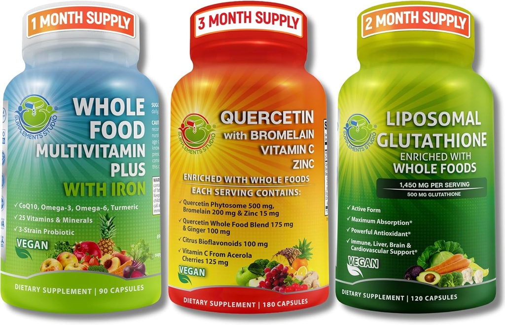 Immune & Whole Body Wellness Bundle – Quercetin with Bromelain + Whole Food Multivitamin with Iron + Liposomal Glutathione 500mg – Antioxidante, respiratorio &amp; Immune Support – Vegan, Non-GMO