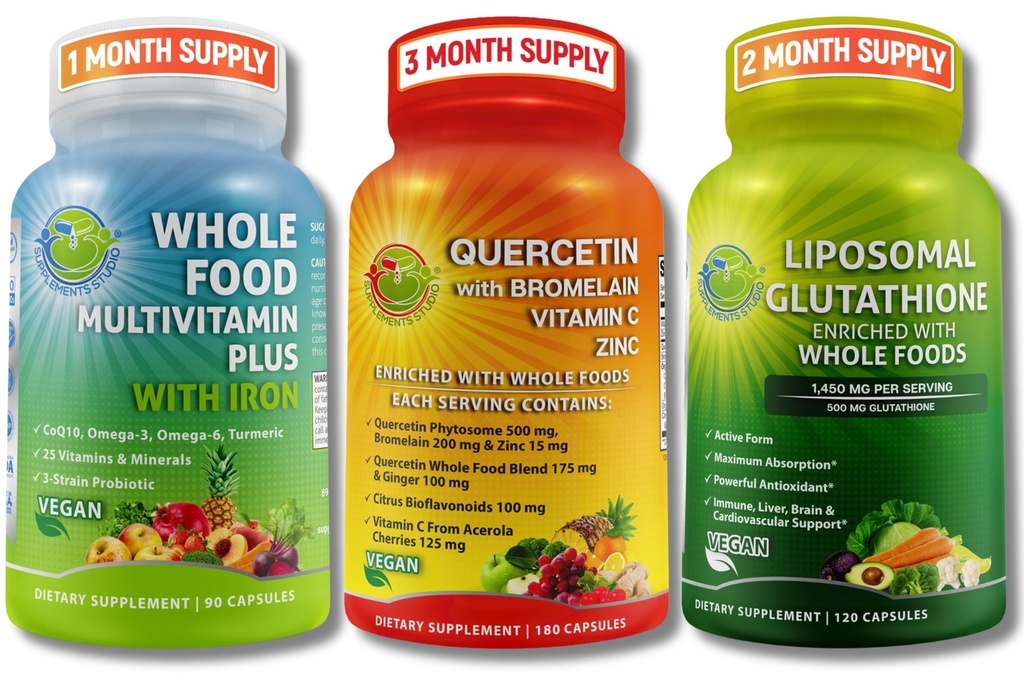 Immune & Whole Body Wellness Bundle – Quercetin with Bromelain + Whole Food Multivitamin with Iron + Liposomal Glutathione 500mg – Antioxidante, respiratorio &amp; Immune Support – Vegan, Non-GMO