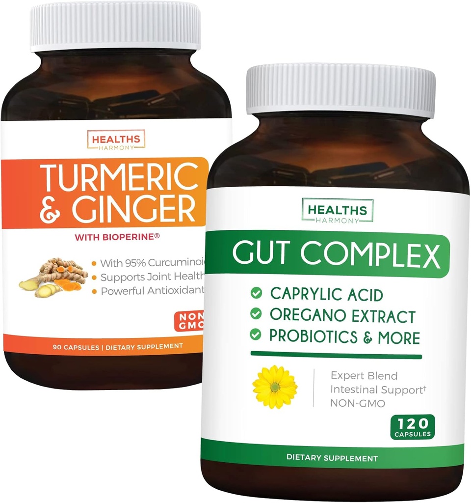 Guardar $11 (23% de descuento) - Gut Balance Bundle - Complejo Gut con ácido caprílico para la salud equilibrada de Gut " Apoyo probiótico (120 cápsulas) " Turmeric " Ginger with 95% Curcuminoids " Bioperine (90 cápsulas)