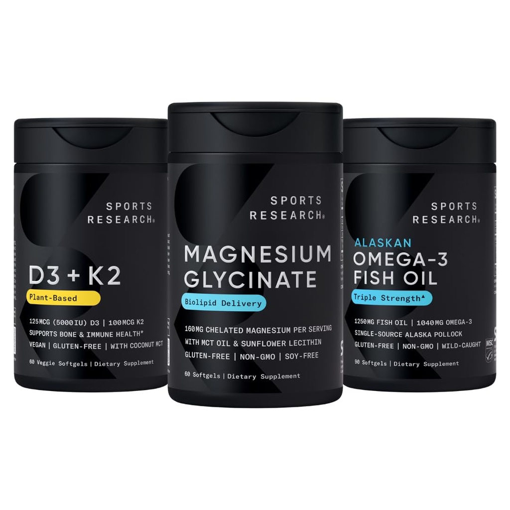 Sports Research® Multivitamin Pack - Magnesium Glycinate 160 mg, Vitamin D3 5000iu + K2 100mcg, and Alaskan Omega-3 Fish Oil 1250mg