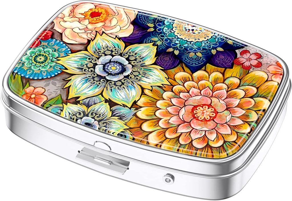Nipichsha Pill Box, Small Pill Case for Purse & Pocket, Cute Travel Medicine Organizer, Portable Medicine Container Holder to Hold Vitamins, Medication, Fish Oil &amp; Supplements, Mandala