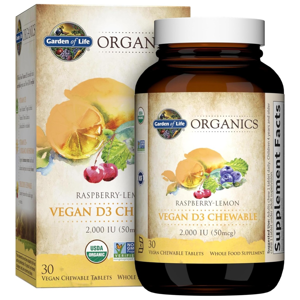 Garden of Life Organics Vegan Vitamin D3 Chewable - Raspberry Lemon, 2,000 IU (50mcg) Whole Food Vitamin D3 from Lichen Plus Food & Mushroom Blend, Gluten Free, 30 Chewable Tablets (Pack of 6)