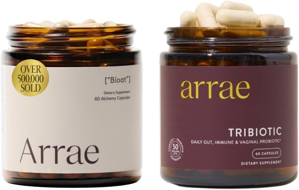Arrae Bloat + Tribiotic Bundle, Bloating Relief Digestive Enzymes, Gas ' Indigestion Relief, Probiotics for Women, Support for Vaginal pH Balance, Immune y Feminine Health, 60 cápsulas cada una