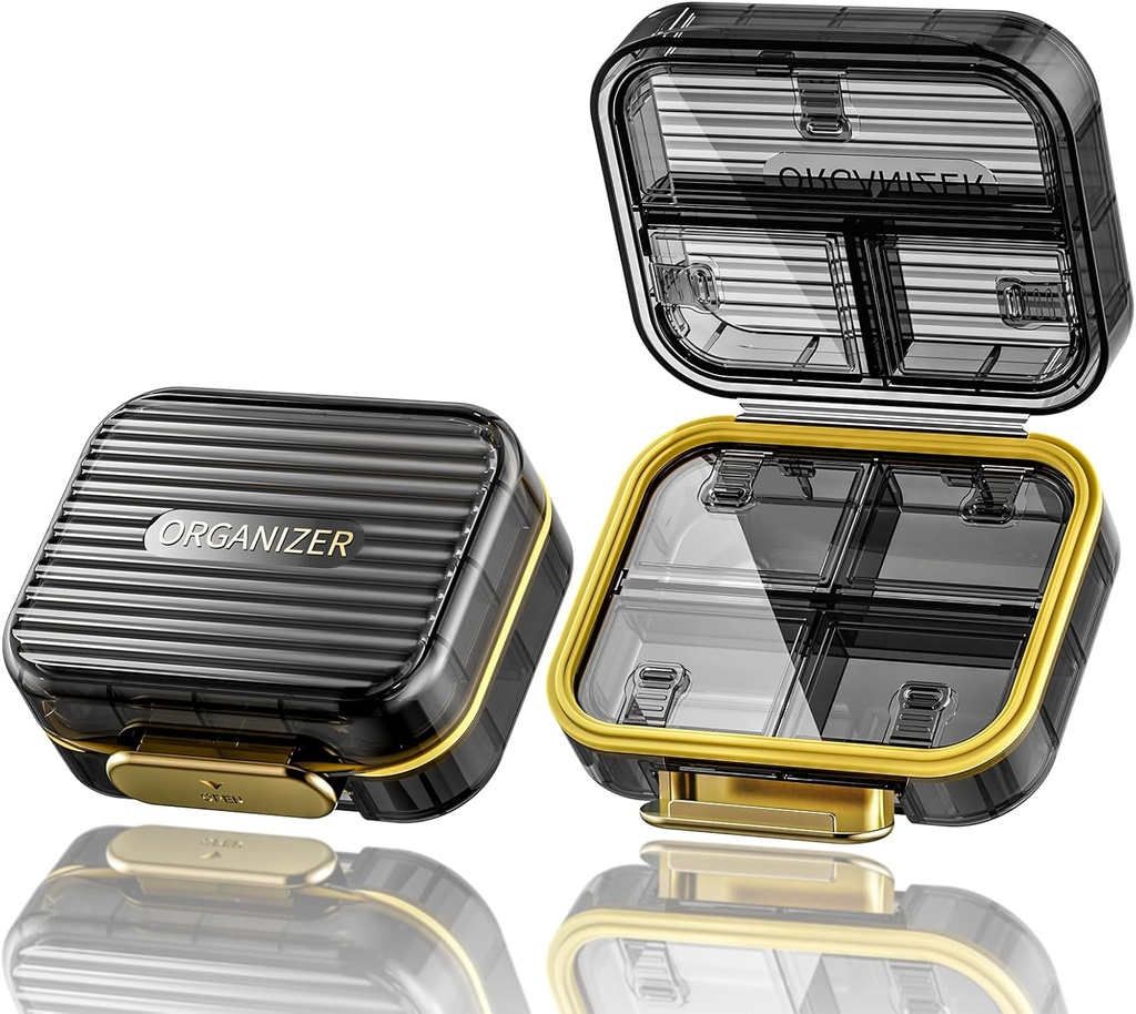 Caja de Píldora de Píldoras, Caja de Píldoras Pequeñas para Propósito, Contenedor de Píldora Portable Acedada, Compacta A prueba de humedad 7 Compartimientos Organizador de Píldoras, Estilizante de Medicina para Vitaminas Aceites de Pesca, Negro