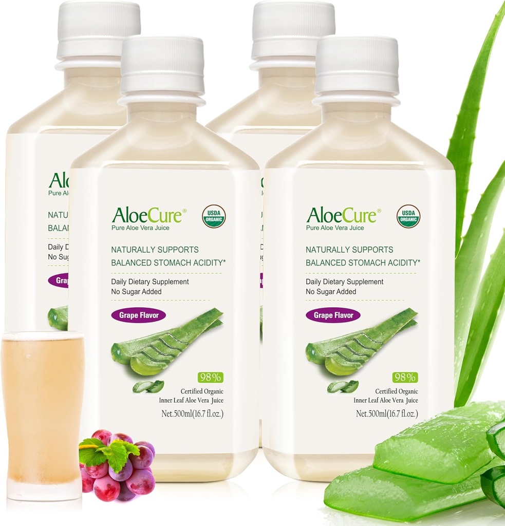 AloeCure USDA Organic Aloe Vera Juice Grape Flavor, Made Within 12 Hours of Harvest - Pure Aloe Vera Digestive &amp; Immune Health Supplement, Helps Maintain Balanced Stomach Acidity, 16.7oz x 4 Btls