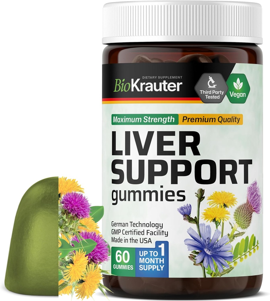 BIO KRAUTER Suplemento Gummies - 60 Chews Vegan w/Milk Thistle, Dandelion Root for Liver Cleanse " Detox - 80% Silymarin