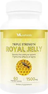 ML Naturals Royal Jelly 1500mg 60 cápsulas vegetales, Equivalente con 6% (27mg) 10-HDA. Freeze-Dried, Gluten Free, NSF-Certified & cGMP-Compliant