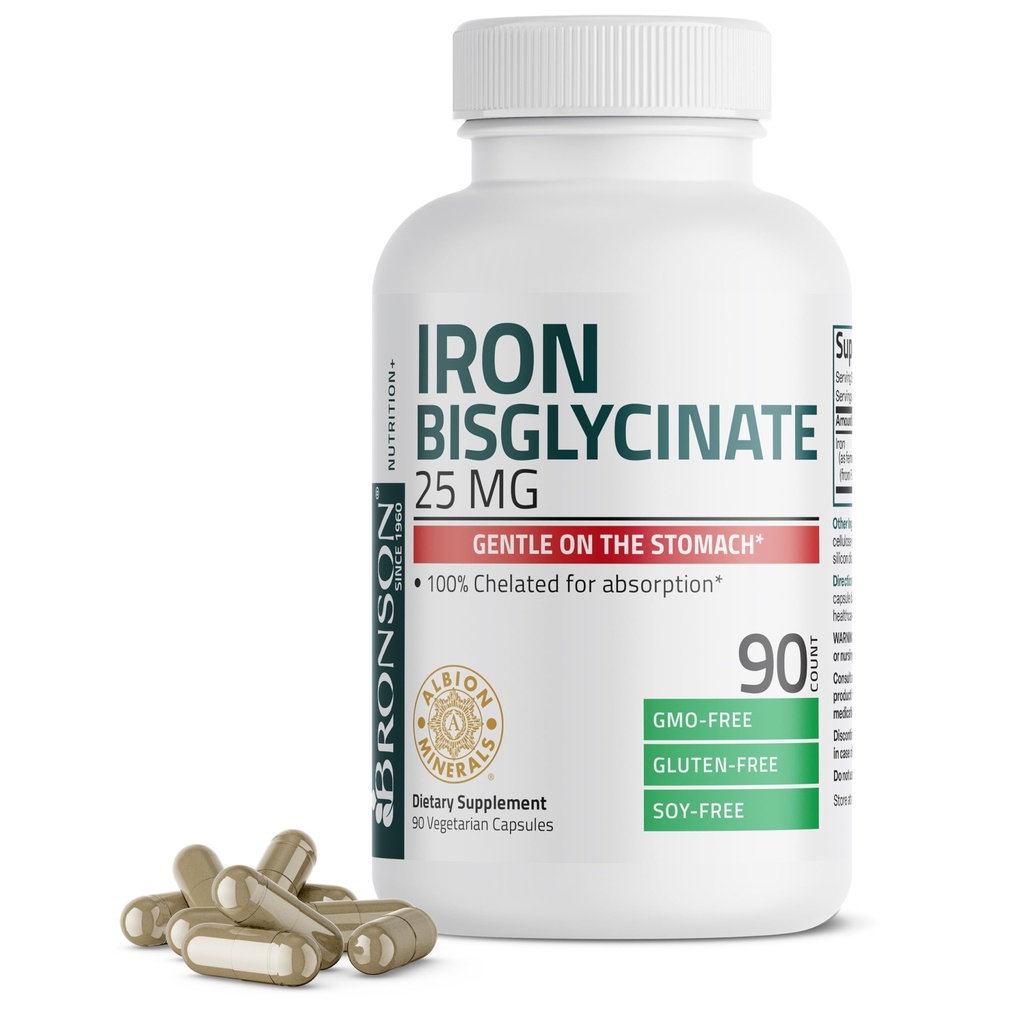 Bronson Iron Bisglycinate 25 mg Gentle on The Stomach, Supports Energy & Healthy Red Blood Cell Production - Non-Constipating Formula - Non GMO, 90 Vegetarian Capsules