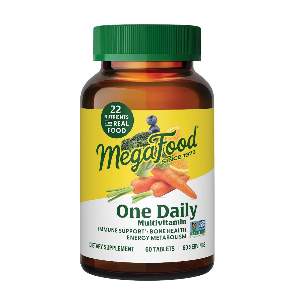 MegaFood One Daily Multivitamin for Women and Men, Immune Support Supplement with Real Food, Vitamina C &amp; Vitamina B, Bone Health, Cellular Energy Metabolism, Vegetarian, Non-GMO, 60 Tablets