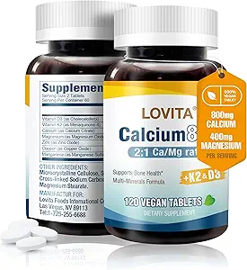 Cita de calcio de LOVITA 800 mg con Magnesio, Vitamina D3 &amp; K2, Suplemento de densidad de hueso para hombres y mujeres, apoya los dientes, la salud inmunitaria, sin gluten, no transgénico, 120 tabletas veganas