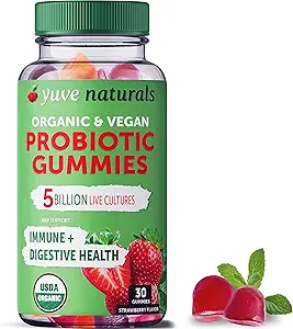 Yuve Vegan USDA Organic Probiotic Gummies - 5 Billion CFU - Promotes Digestive Health & Immunity - Helps with Constipation, Bloating, Detox, Leaky Gut & Gas Relief - Natural, Non-GMO, Gluten-Free 30ct