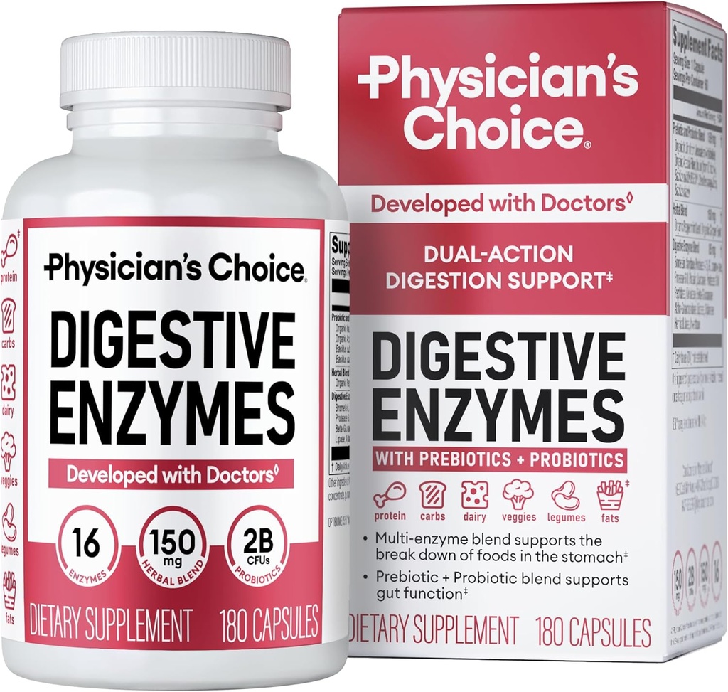 Enzymes Digestivos de la CHOICE de Physician - Multi Enzymes, Prebióticos Ecológicos " Probióticos para la Salud Digestiva " Salud Gut - Tiempo de Composición Alivio " Bloating - Dual Action Approach - 180 CT