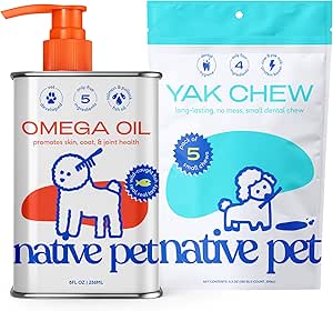 Native Pet Omega Oil for Dogs - Fish Oil Supplements 8 Oz & 5 Small Yak Chews for Dogs | Pasture-Raised and Organic Yak Cheese Himalayan Churpi Sticks