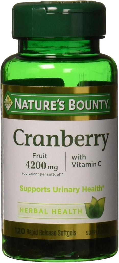Nature's Bounty Cranberry, Herbal Health Supplement with Vitamin C, Supports Urinary Health, 4200mg, 120 Softgels
