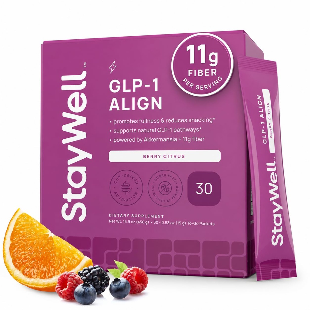 Stay-Well Naturals GLP-1 Probiotic | Akkermansia GLP-1 Supplement, Fiber GLP 1 Booster | Probiotic and Fiber Support with Inulin, Psyllium PHGG, and Soothing Ginger Extract - Berry Citrus 30 Ct.