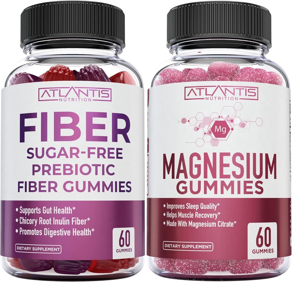 Atlantis Nutrición Azúcar Gummies de fibra prebiótica para adultos 2-Pack (120 Gummies) + Magnesium Gummies - 770 MG Magnesium Citrate 60 Gummies