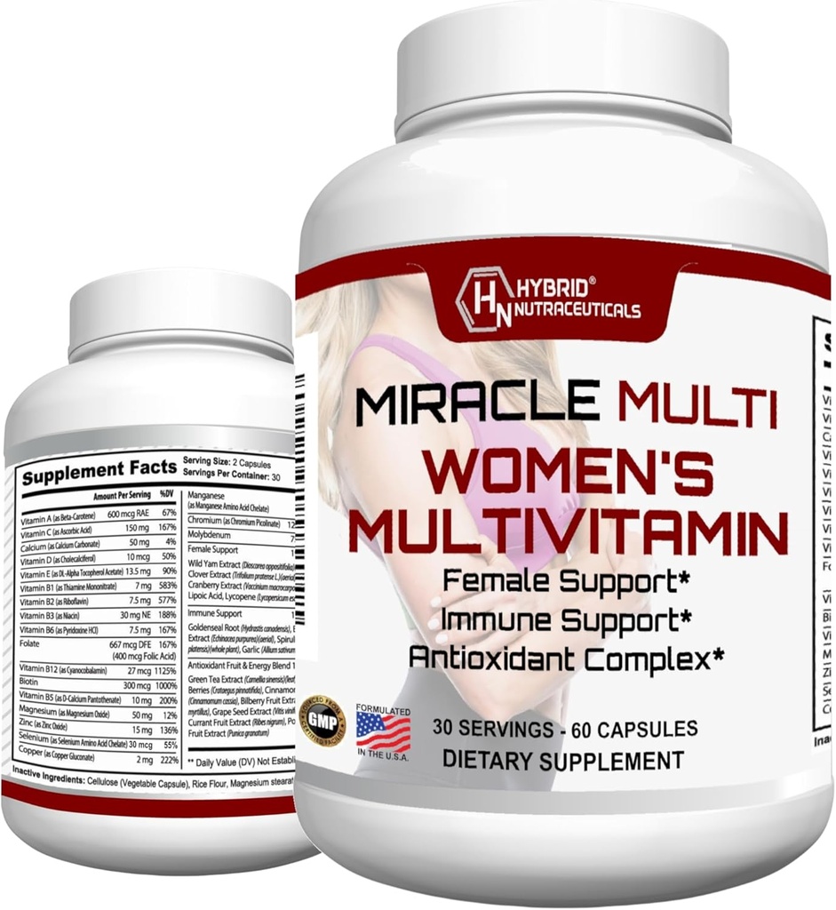 MilagroMulti Multivitamínico para Mujeres - Fórmula de Apoyo Femenino, Soporte Inmunitario, Minerales, Biotina, Antioxidantes &amp; Superfoods Blend – 60 cápsulas