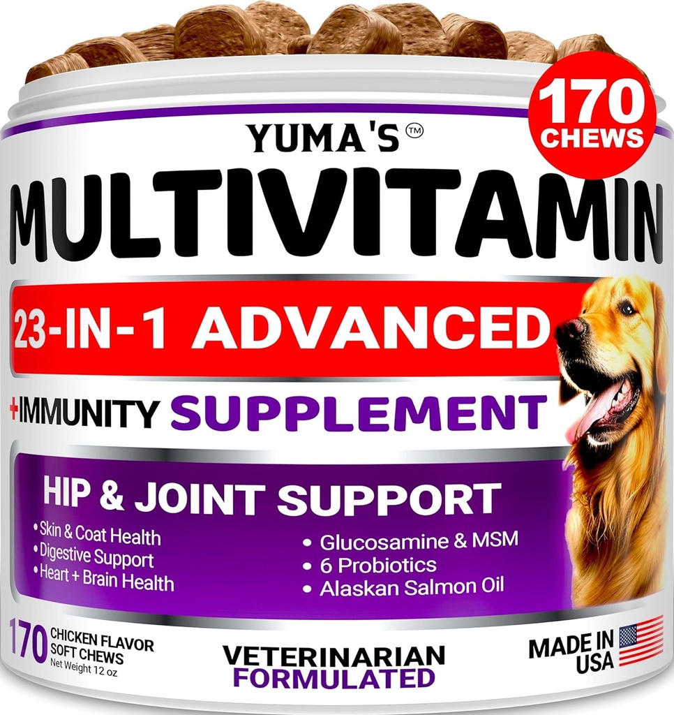 Perro multivitamínico Chewable con Glucosamina - Vitaminas y Suplementos para perros - 170 Trucos - Senior &amp; Puppy Multivitamin for Dogs - Hip &amp; Joint Support - Immune Health, Skin, Heart, Digestion, Probiotics