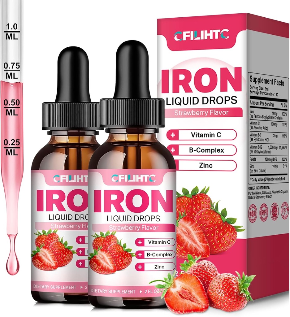 Suplemento de Hierro Líquido para Mujer Hombres &amp; Niños gotas de hierro multivitamina con folato, vitamina C, B6, B12, zinc para la anemia, deficiencia de hierro, constructor de sangre, energía - sabor a fresa natural, Vegan 4 Fl Oz