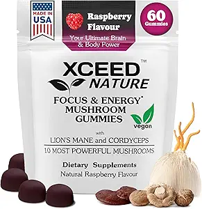Lions Mane & Cordyceps Mushroom Gummies - 10in1 Suplemento - para Focus, Energy, Mood, Memory & Clarity - 60 Pcs