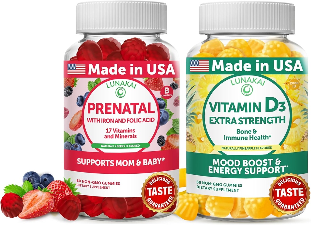 Lunakai Prenatal and Vitamin D3 Gummies Bundle - Pregnancy Multivitamin Gummy with Iron ' Folic Acid - Immunity, Bone and Mood Support Supplement for Adults - 30 Days Supply