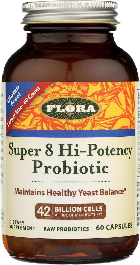 Flora - Super 8 Hi-Potency Probiotic - Daily Probiotic for Gut & Digestive Health - 42 Billion CFU - Contiene Lactobacillus " Bifidobacterium Strains - Keep Chilled - 60 cápsulas