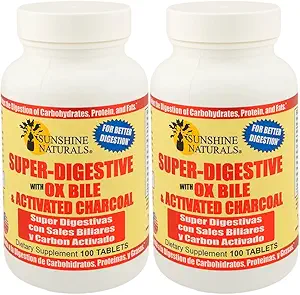 Sunshine Naturals Super Suplemento Digestivo. Ox Bile " Activated Charcoal for Digestive Support, Bloating Relief, Gut Cleanse, Nutrient Absorption, and General Wellness. 100 Tabletas. Paquete de 2