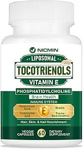 1200MG Vitamin E Tocotrienols Liposomal Tocotrienols Supplement with Phosphatidylcholine, 95% Delta-tocotrienols and 5% Gamma-tocotrienols, High Absorption for Heart, Brain Function 60 Capsules