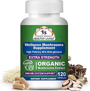 Ciencia del cáncer Suplemento de seta orgánico cápsulas - 1.500 mg No GMO Wellness Complejo de setas 40% Beta-Glucans -Turquía Tail, Reishi, Cordyceps, Chaga Extract for Brain &amp; Immune Support 120 cápsulas