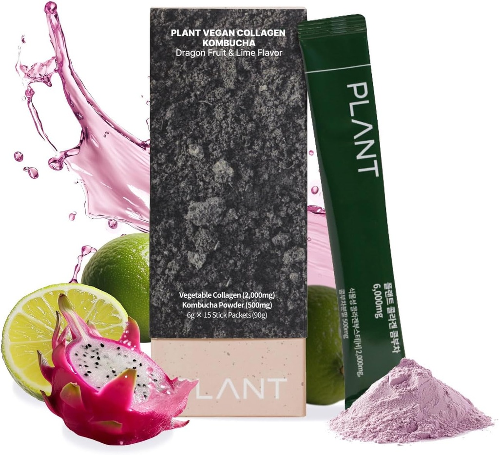 PLANT Vegan Collagen Peptide, Kombucha Powder, Probioitics, Vitamin C | 2000mg Tripeptide Vegetarian Collagen Booster, Dragonfruit Lime |15 Packets, Gut & Skin Health Anti-Aging Hydration Drink Mix