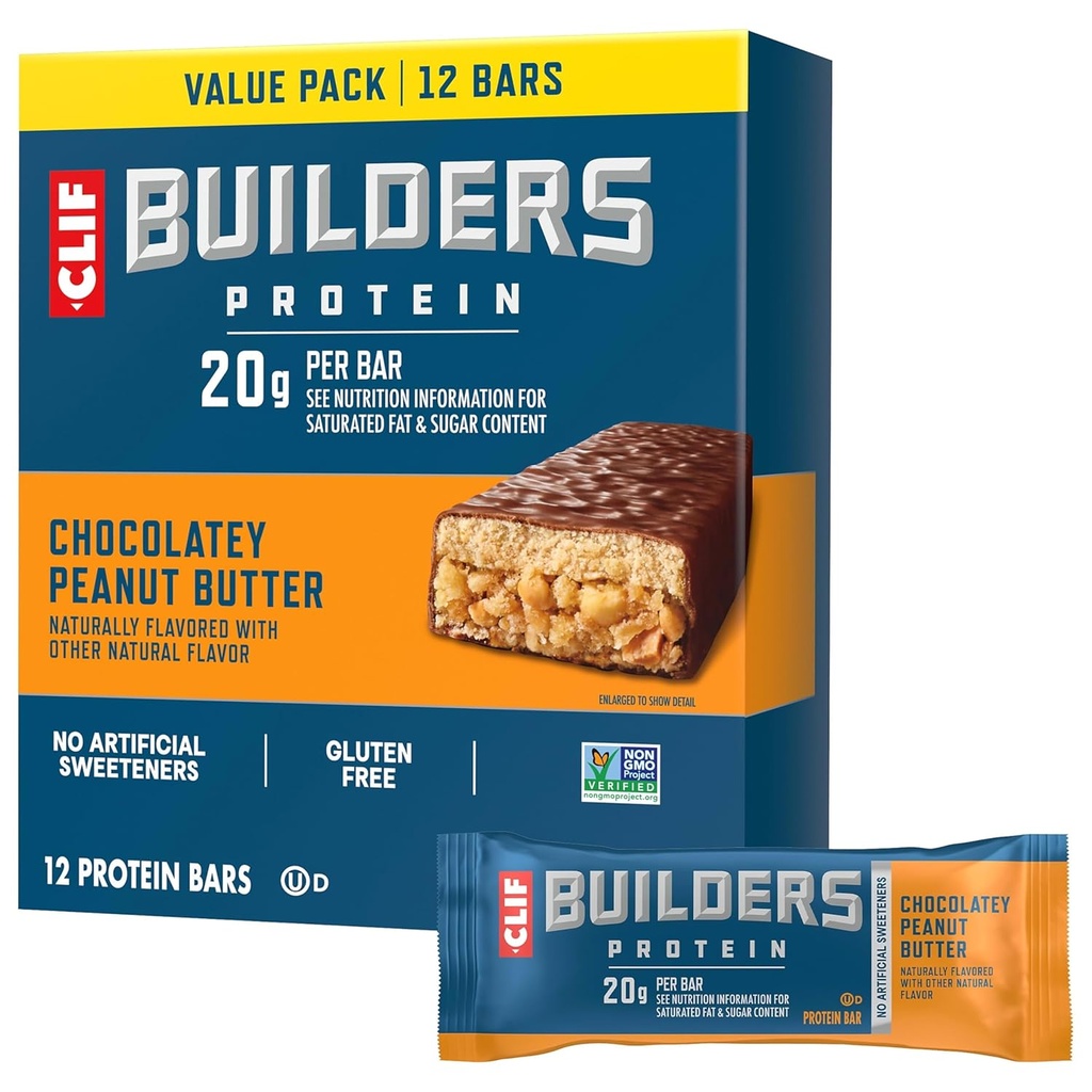 CLIF BUILDERS Protein Bares - Chocolate Peanut Butter Flavor - 20g Plant Based Protein - Gluten Free - Non-GMO - Low Glycemic - No Artificial Sweeteners - Value Pack, 2.4 oz. (12 Conde)