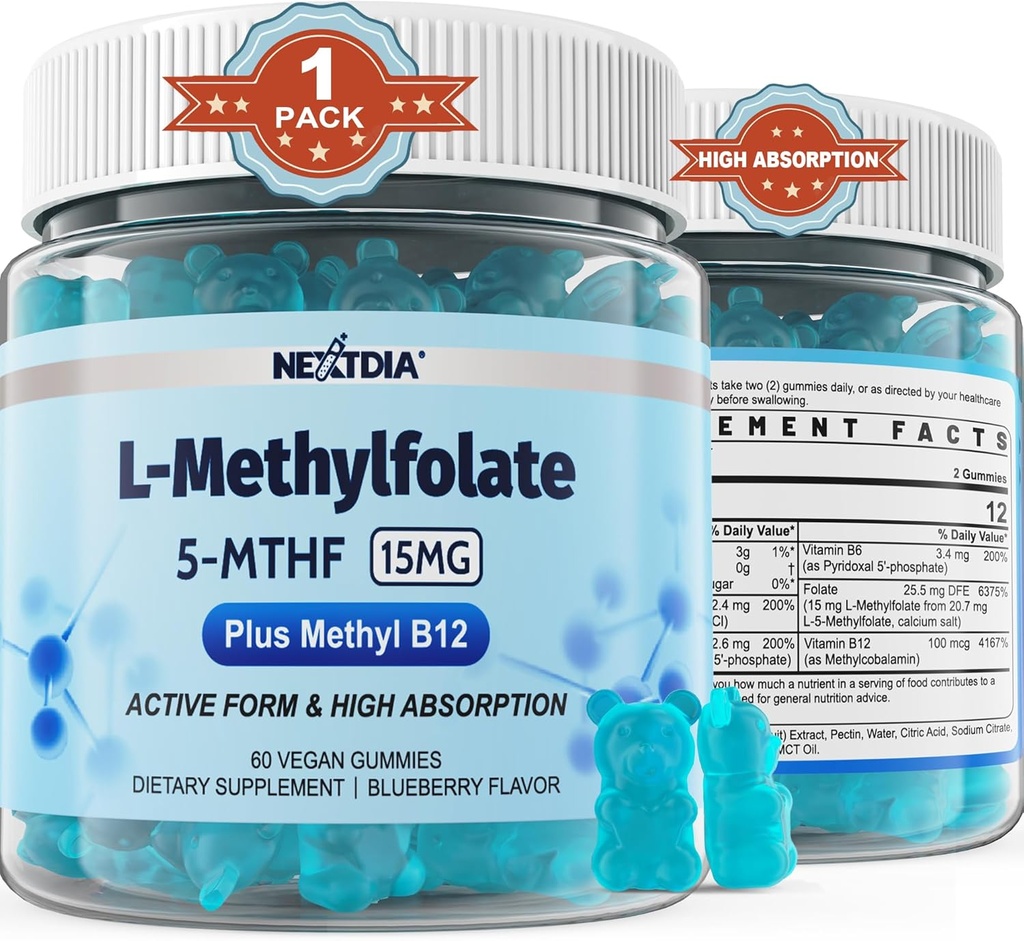 L-MetilFolate 15mg &amp; Methyl B12 Gummies, Methylated B1, B2, B6 Multivitamins - Active 5-MTHF & High Absorption - Supports MTHFR Gene, Cognition, Homocysteine Levels, Folate Metabolism, Vegan, 60 Cts