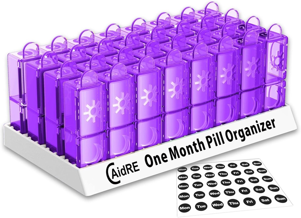 Organizador de píldoras mensuales 31 Días AM – Un caso de pila de mes para medicamentos, vitaminas y suplementos – Organizador de caja de píldoras diarias fácil, 2 veces por día dispensador de píldoras, púrpura
