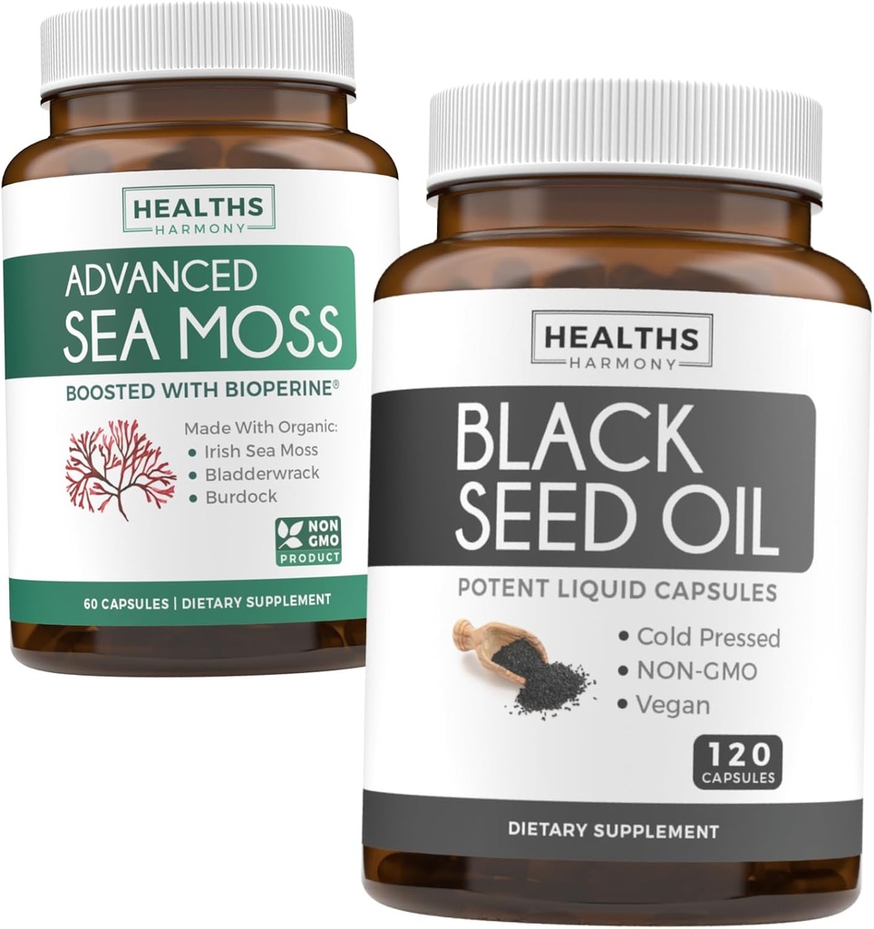 Black Seed &amp; Sea Moss (1-Month Supply) Nutriting Nature Bundle of Black Seed Oil 120 Softgel Capsules (No-GMO & Vegan) Cold-Presed Nigella Sativa & Irish Sea Mos Capsules (No-GMO & Organic)