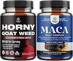 Bundle of Horny Goat Weed Extract Complex for Hombre and Women Enhanced Energy and Stamina and Black Maca Root Capsules for Hombre - Invigorating Drive Mood & Energy Booster for Men